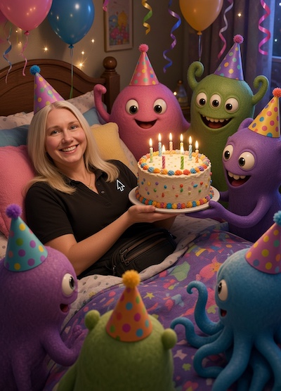 Fake colourful aliens presenting Ina with a birthday cake in bed after abducting her