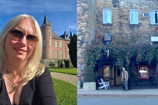 Ina posing in front of a Dutch castle and John standing outside his new apartment in Ontario